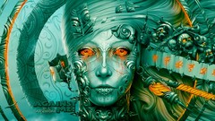 Textures fire blue eyes woman metal blood floral Chinese skulls 