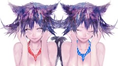 Tie anime girls nekomimi animal ears tails cleavage topless