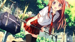 Tie Bags red eyes Ribbons schoolgirls long hair anime girls 