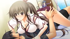 Tie beds red eyes blush black hair game cg cleavage caught 