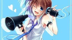 Tie blue background anime girls blue eyes brunettes short hair 