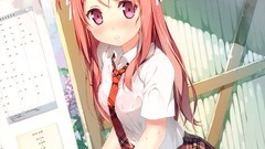 Tie Bus stop blush long hair anime girls school uniforms 