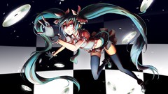 Tie gloves skirts long hair hatsune miku vocaloid open mouth 