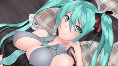 Tie navel bows pillows long hair green eyes hatsune miku 
