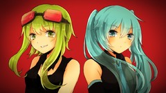 Tie red background faces blush long hair anime girls green eyes 