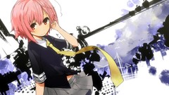 Tie red eyes skirts pink hair smiling anime girls school 