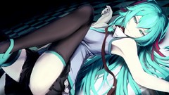 Tie Ribbons skirts long hair hatsune miku vocaloid leash lying 