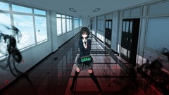 Tie skirts anime girls indoors hallway school uniforms black 