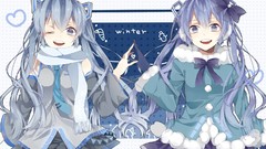 Tie snowman bows skirts blue hair long hair anime girls blue 