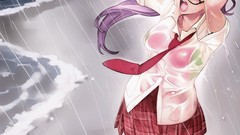 Tie wet skirts blush long hair barefoot anime girls open mouth 