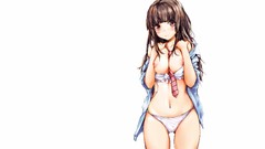 Tie white background blush long hair anime girls brunettes bra 
