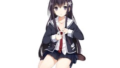 Tie white background skirts long hair anime girls school 