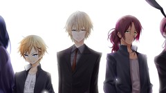 Tie white background suit blondes masks tattoos blue hair long 