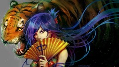 Tigers fans blue hair anime girls original characters chinese 
