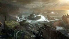 tomb raider shipwreck Sea rain cliff video games video game art