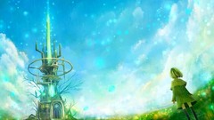 Tower fields anime girls green hair green dress