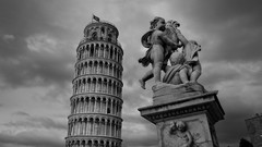 Tower Pisa Italy statues Leaning Tower of Pisa grayscale