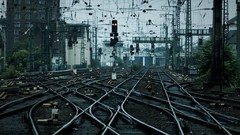 Traffic lights tracks cityscapes power lines trainway