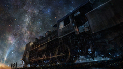 train artwork Stars railway sky group of people digital art