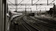Trains grayscale railroad tracks