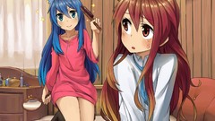 Trap blue hair long hair anime girls blue eyes brown eyes 