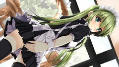 Tray long hair anime girls green hair maid costumes head dress