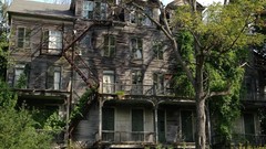 Trees abandoned houses tavern