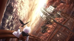 Trees Animals autumn Birds back white hair houses buildings 