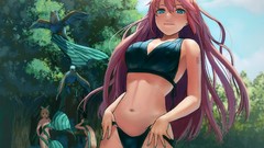 Trees Animals Birds navel blondes pink hair long hair blue eyes 