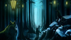 Trees Animals night Wolves rocks lanterns forests artwork