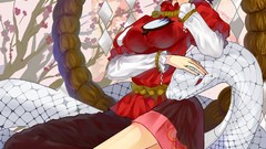 Trees Animals snakes goddess red eyes sitting Ropes skirts blue 