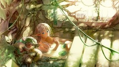 Trees Animals water Books elves bath bathing white hair anime 