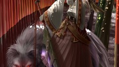 Trees Animals weapons Plants Wolves white hair red eyes Swords 