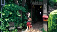 Trees Anime Bells houses anime girls brown eyes brunettes 