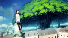 Trees Anime cities anime girls pantyhose black hair scenic 