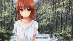 Trees anime girls brown eyes rivers brunettes original 