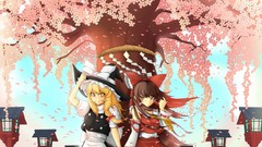Trees anime girls witches hakurei reimu touhou cherry blossoms 