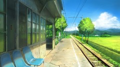 Trees Anime railroad tracks train stations