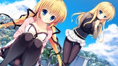 Trees Anime Ribbons stockings blondes skirts anime girls blue 
