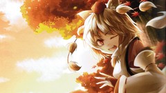 Trees autumn close-up hats fangs white hair red eyes faces 