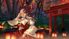 Trees autumn red dress bushes lanterns bows outdoors long hair 
