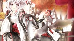 Trees autumn white hair Swords masks scarfs gray eyes touhou 