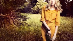 Trees autumn woman blondes bracelets yellow dress