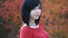 Trees autumn woman green eyes black hair