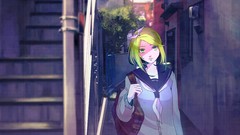 Trees Bags houses schoolgirls buildings bows outdoors blondes 