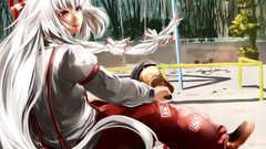Trees bamboo white hair red eyes sitting bows shirts pants 