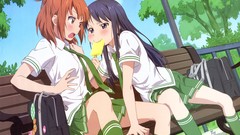 Trees bench Anime ice cream blush long hair anime girls brown 