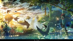 Trees Birds anime girls skies scenic