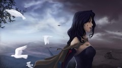 Trees Birds stain long hair skies black hair Lust (FMA) cloaks 