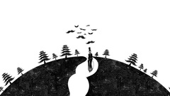 Trees Birds white background monochrome digital art